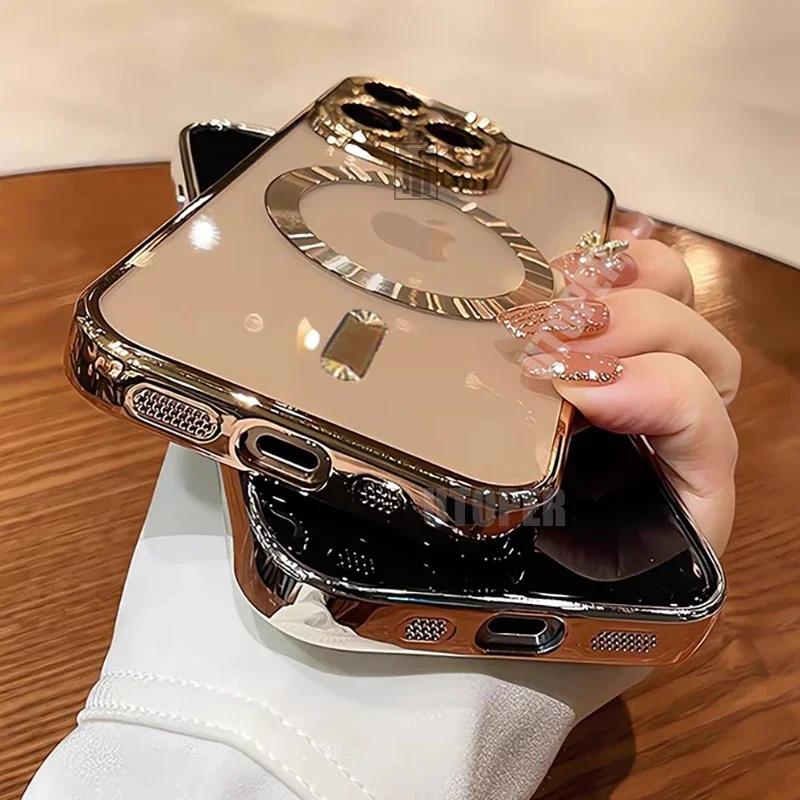 데저트 골드 케이스 아이폰 17 에어 16 15 14 13 12 11 프로 맥스 플러스용, 투명 자석 렌즈 보호 소프트 케이스