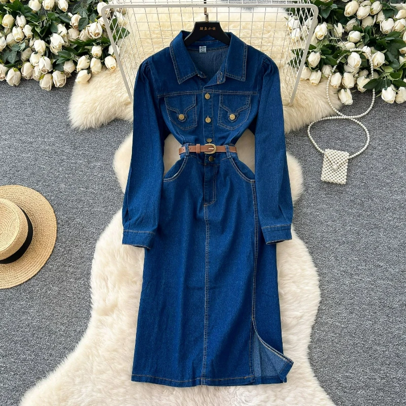 

Women Dresses Full Sleeve Lapel Solid Dress Button Pockets Casual Tight Waist Split Vestidos Midi Length Elegant Autumn 2025