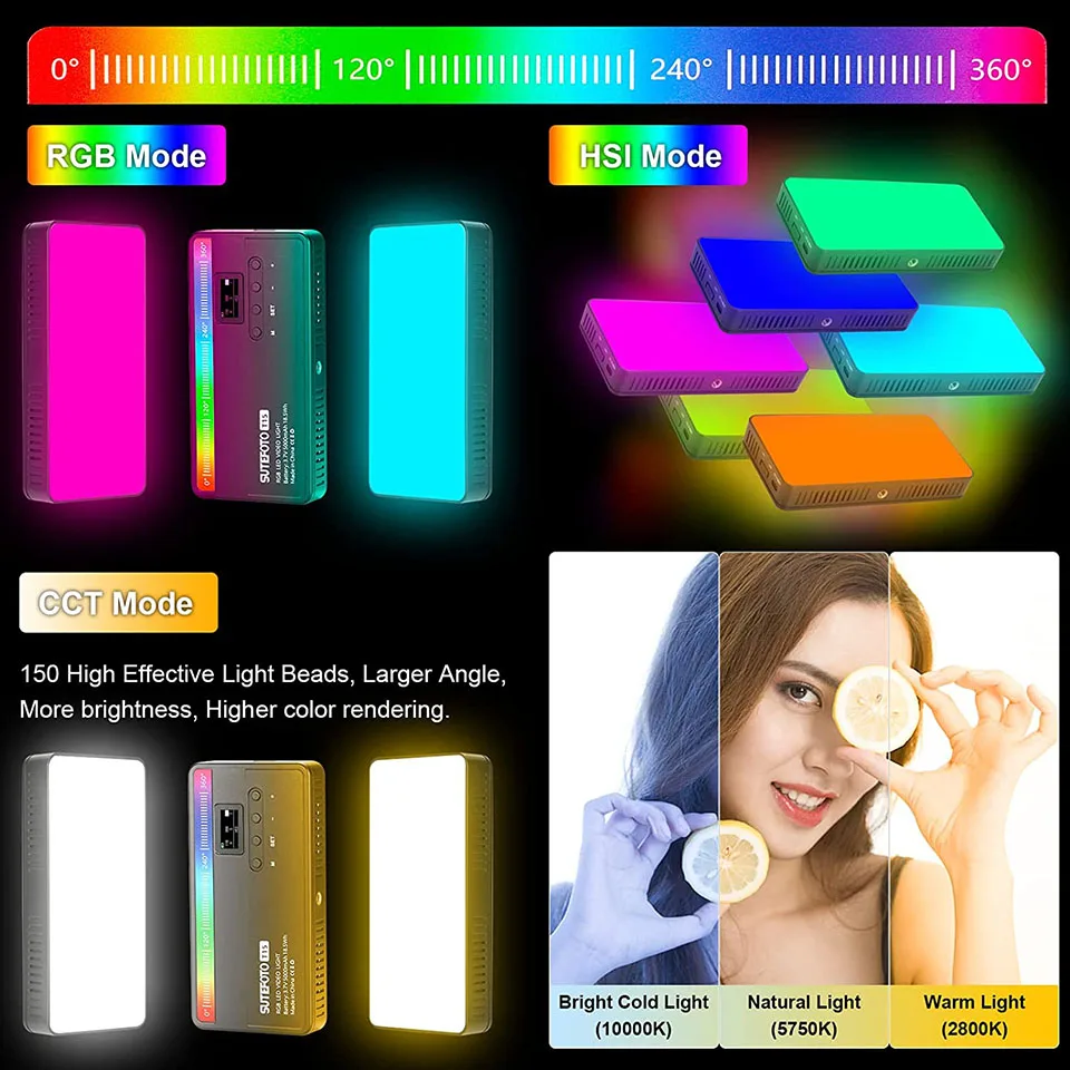 SUTEFOTO T15 RGB Mini LED Video Light 5000mAh 12W 2800-10000K Rechargeable Handled Pocket Panel Light for Vlog Recording