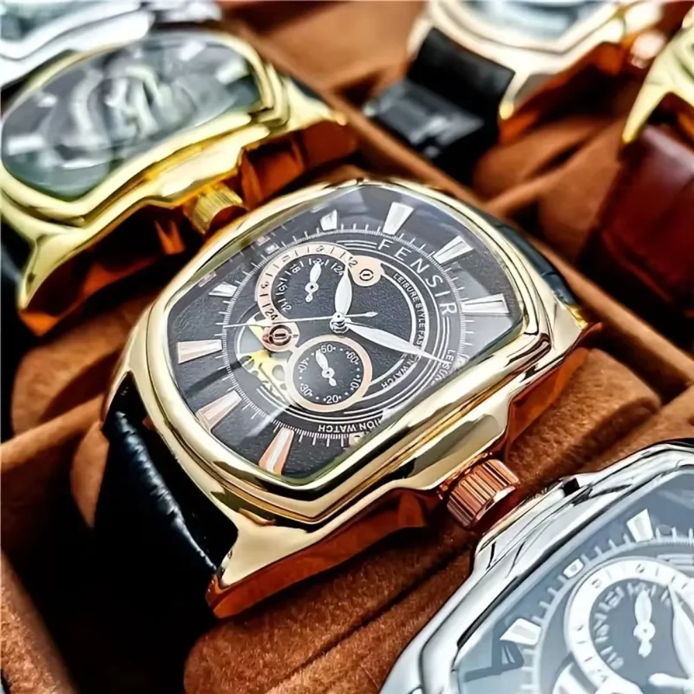 New Luxury Men's Watch, Business Punk Style, Barrel-Shaped Dial, Waterproof Leather Strap, Quartz Watch, Suitable for Men - Ideal for Fashion Parties and Gifts, Simple and Versatile Workplace Watch, Popular Gift Item, Cost-Effective Men's Watch