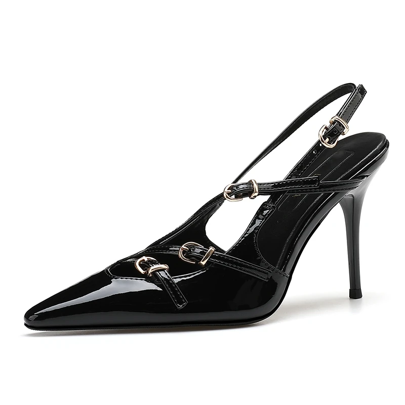 Neue Sommer-Damen-High-Heels, Zehenkappen-Lackleder-Schnallenriemen, Sandalen mit Katzenabsatz, sexy rückenfreie High Heels – Detail 2