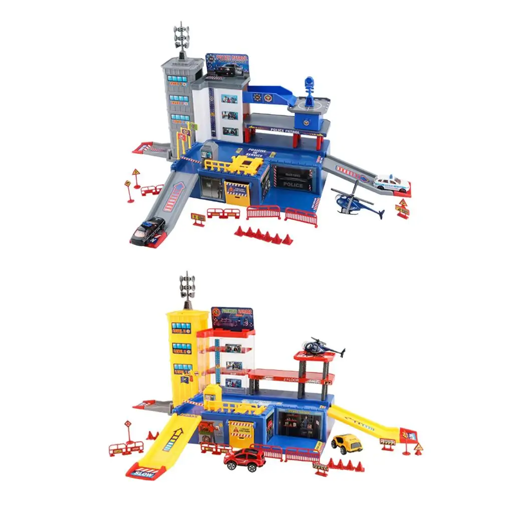 DIY Plastic Politie Parkeerplaats Speelgoedmodelset met Helikopter en Auto's voor Kinderen Jongens Meisjes Interactief Spel