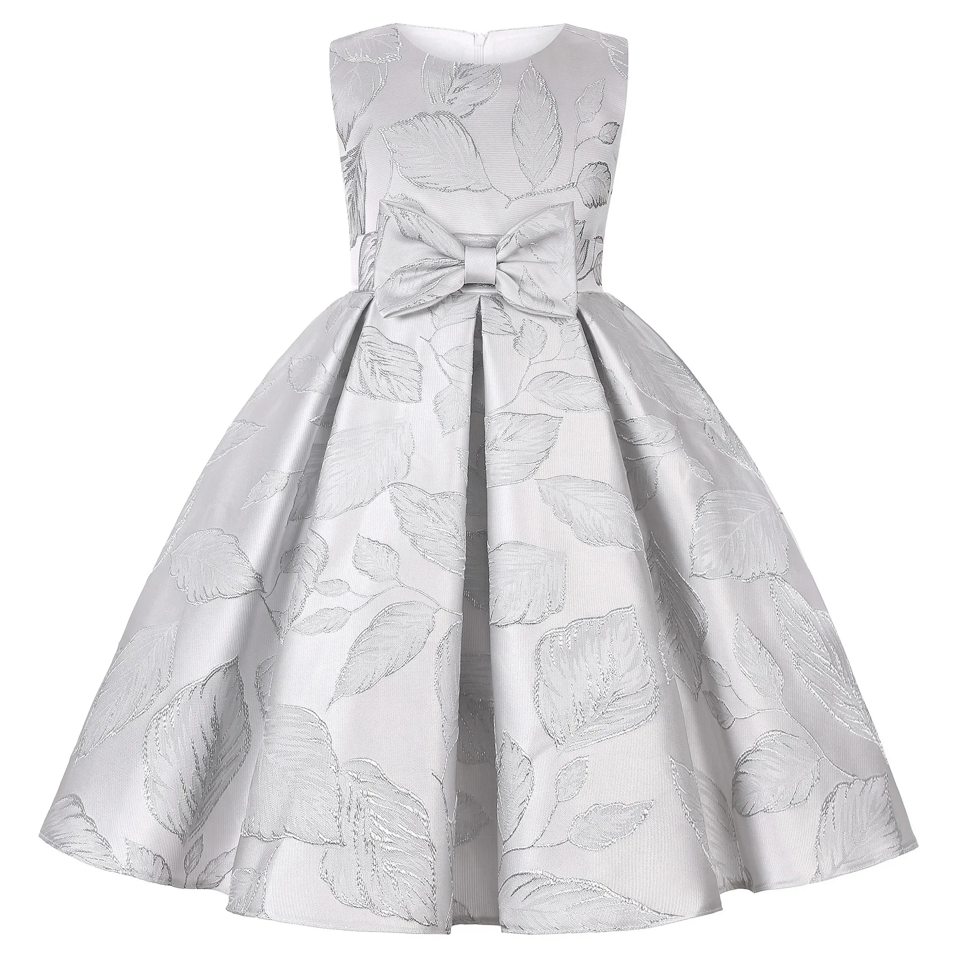 

Silver Embroidery Flower Dress for Girls Thick Satin Sleeveless Kids Costume Children's Birthday Clothing 2 to 8 10 Years