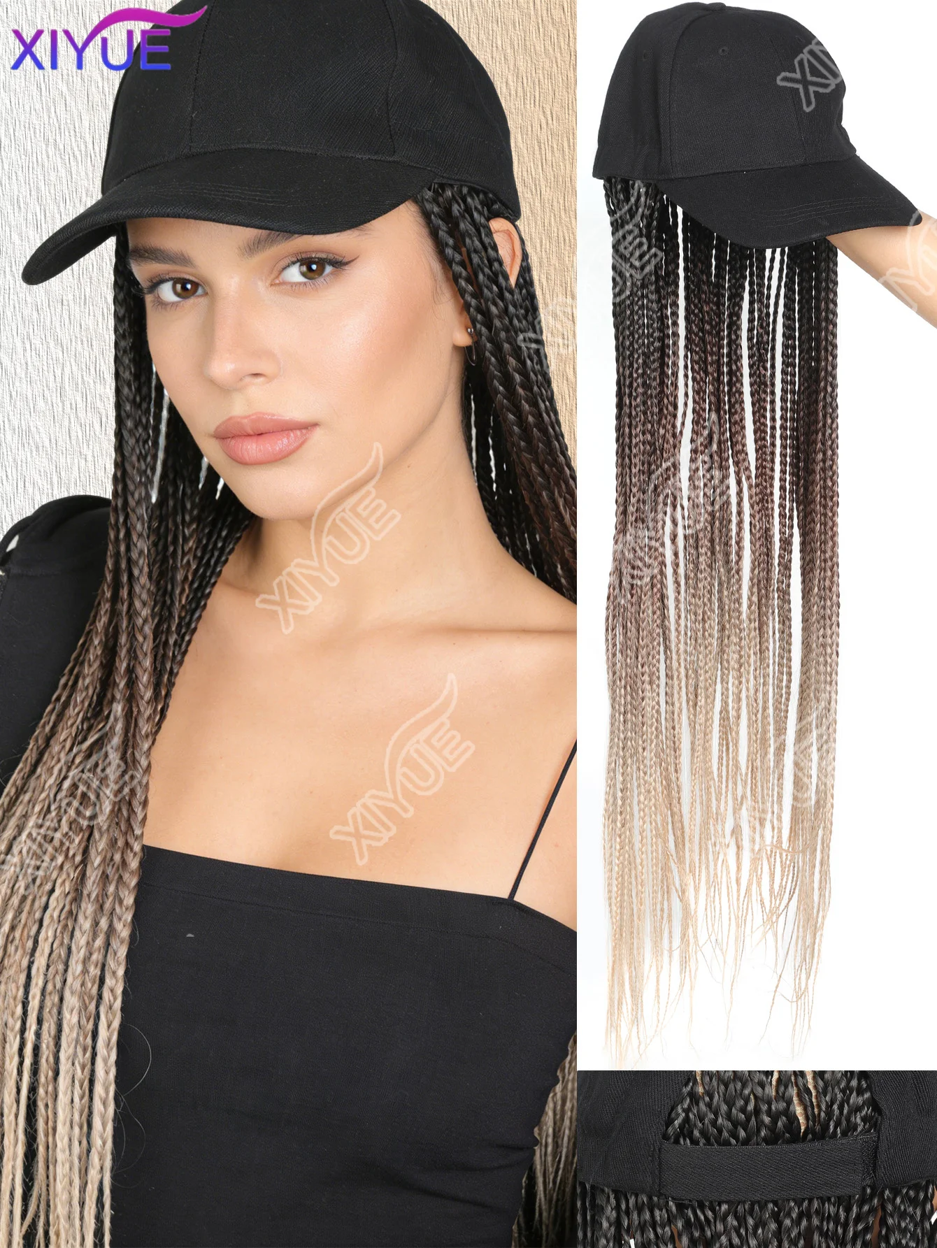 XIYUE Synthetic Hat Wig Baseball Cap with Braiding Hair Long Braids Wigs Women Girls Daily Wear Ombre Blue Grey Brown Blonde