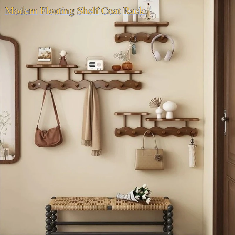 

Modern Floating Shelf Coat Rack - Wall Mounted Multi-Hook Organizer for Entryway, Holds Keys & Hats