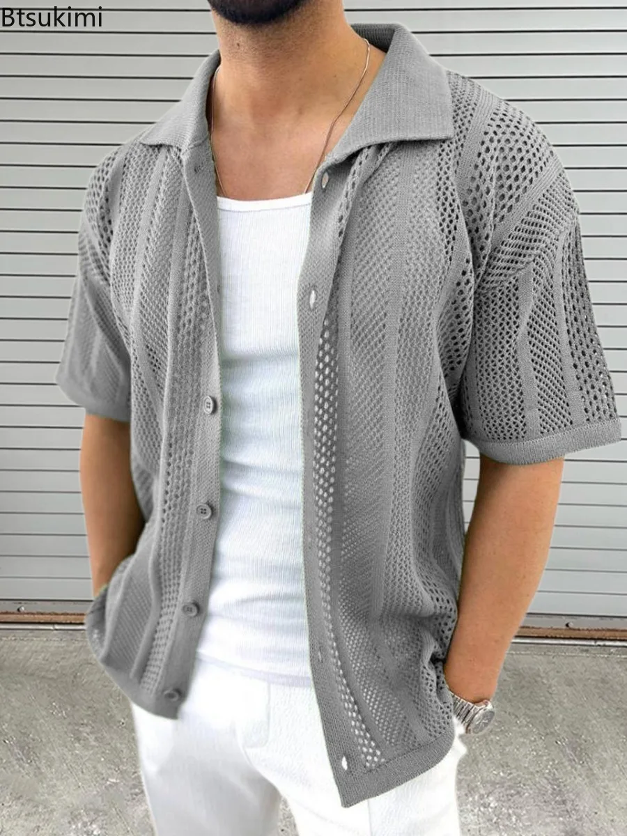 Men's Summer Thin Knitted Hollow Cardigan Short-Sleeved Shirt Retro Fashion Trend Casual Simple Loose Breathable Tops for Men