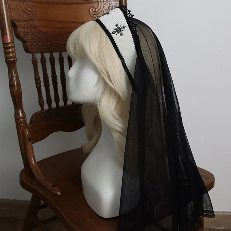 Lolita Style Church Cross Embroidered Shawl Veil Lolita KC Headband Sun Goddess Hair Accessories Gothic Baroque Tiara Crown