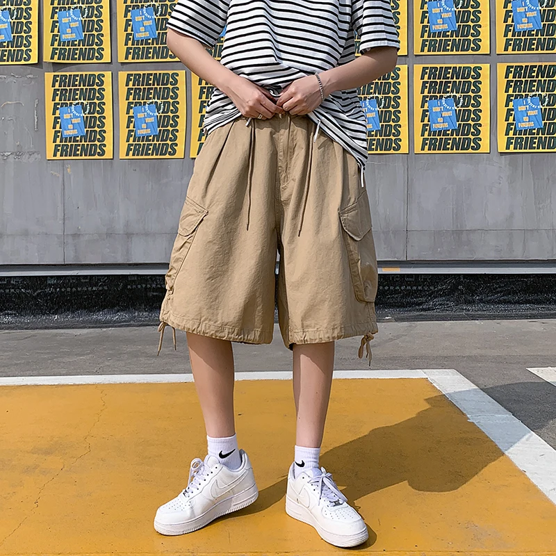 アメリカンレトロワークウェアオーツメンズトレンディサマーカジュアルハイストリートDストリングワイドレッグパンツケットディテールストレートカット