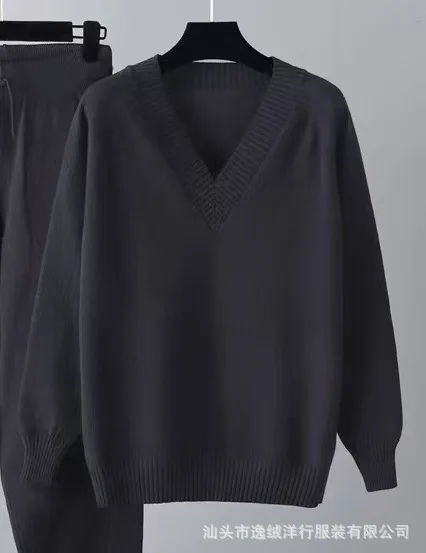 2026 Herbst Winter Damen V-Ausschnitt Strick-Zweiteiler Weicher Pullover Hochgeschnittene Strickhose Locker Modisch Täglich Streetwear – Detail 10