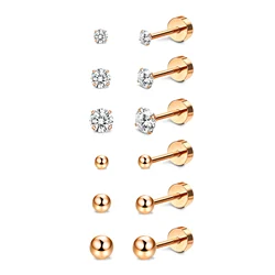 1/6Pairs Rosegold 18G Stainless Steel Small Tiny Cubic Zirconia Ball Flat Screw Back Cartilage Helix Stud Earrings for Women Men