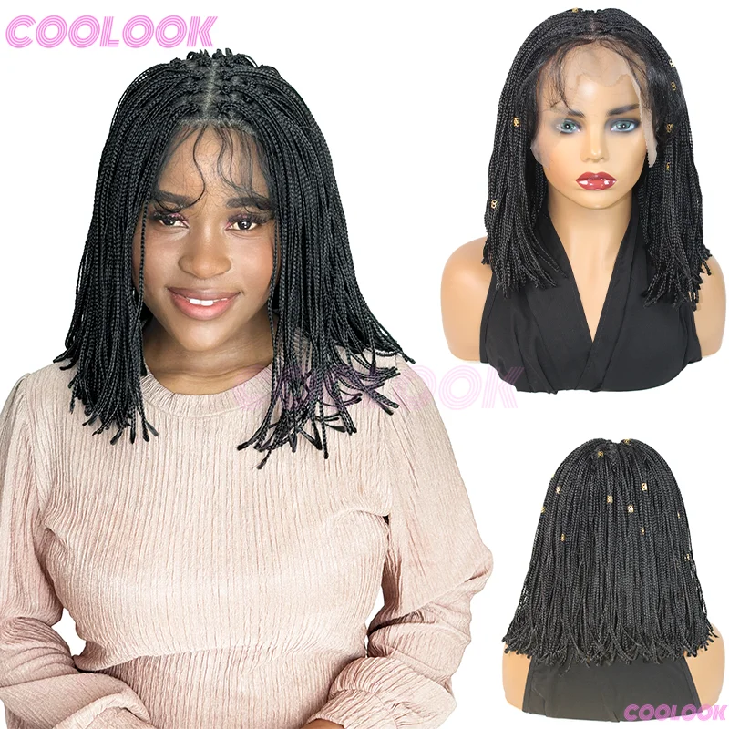 Wig Kepang Pendek 12 inci untuk Wanita, Wig Sintetis, Kepang Renda 6*6, Wig Afrika, Kepang Cornrow Mikro, Wig Hitam
