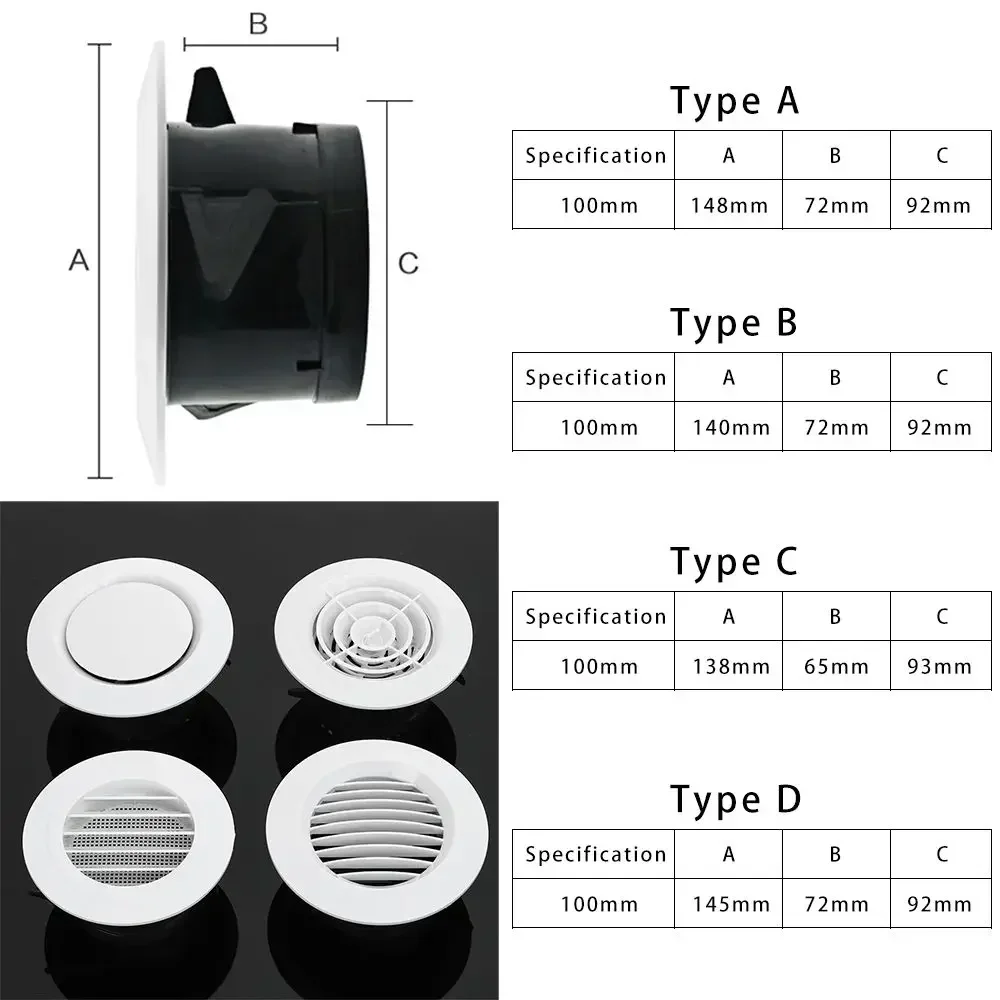 100mm varie forme aria condizionata prese d'aria copertura ABS bianco canalizzazione griglie di ventilazione tappo di ventilazione a circolazione d'aria rotonda