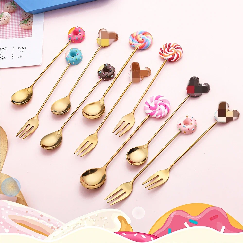 Edelstahl Löffel Gabel Nette Version Regenbogen Lollipop Donut Macaron Dessert Löffel Obst Gabeln Kinder Set Küche Zubehör