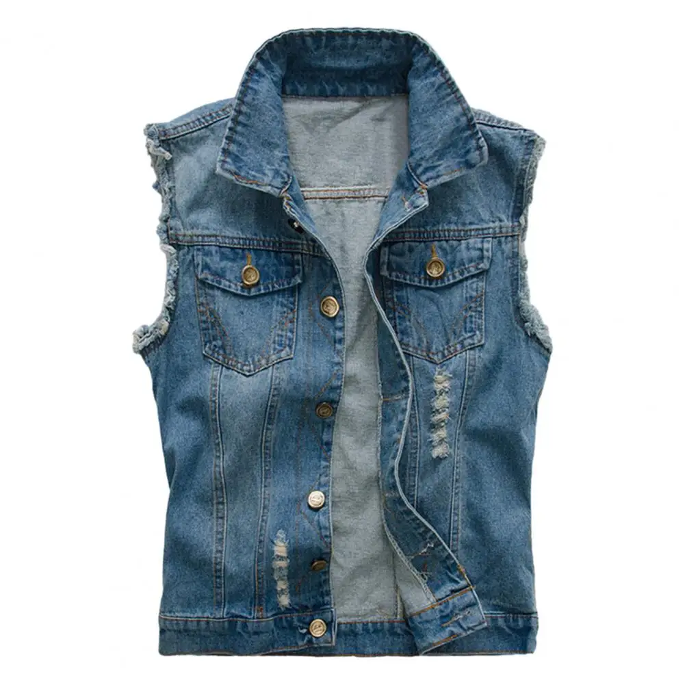 

Men Vest Jacket Men Waistcoat Jacket Hop Streetwear Denim Vest with Ripped Sleeves Single-breasted Pockets for Men for Summer