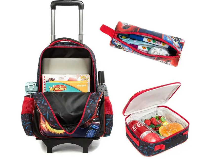 Kinder Schule Trolley Taschen mit mittagessen tasche 16 Zoll 3 in einem Rädern Rucksack für jungen Roll Rucksack Schule Rucksäcke mit rädern