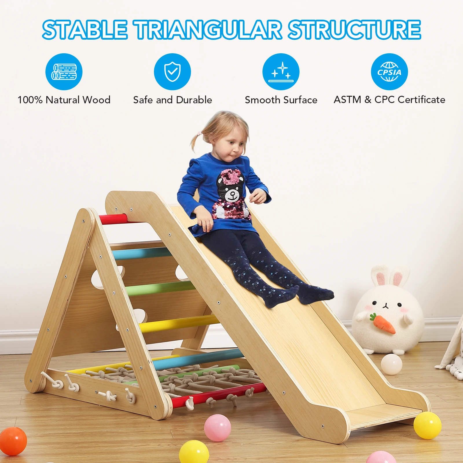 Toddler Indoor Gym Playset, 2 in 1 Wooden Climbing Toys, 3-Sided Wooden Triangle Climber with Climbing Net,Sliding Ramp Sandbags