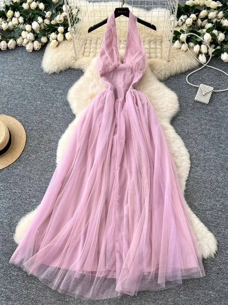 Letnia Sukienka Bez Rękawów z Dekoltem typu Halter, Różowa, Letnia Sukienka z Siateczką o Wysokiej Talii, Długa Sukienka Damska Bez Pleców, Wyszczuplająca Sukienka w Kształcie Litery A, Długa Sukienka Boho