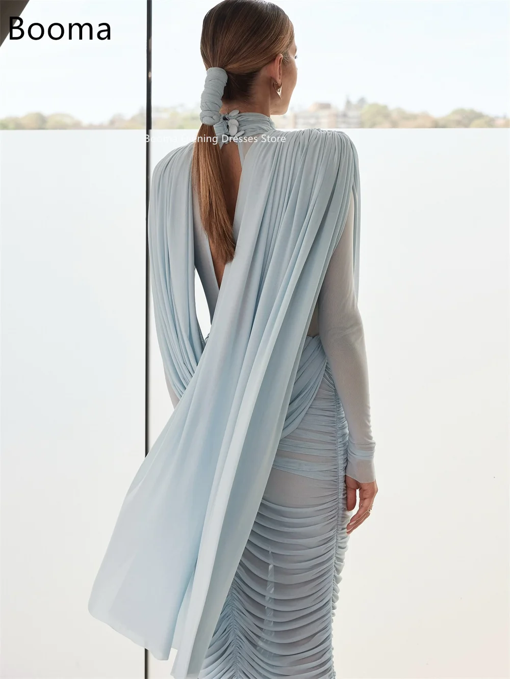 Booma a-line مطوي شيفون رقبة عالية فساتين سهرة بسيطة بأكمام طويلة فساتين رسمية للنساء فساتين حفلات أنيقة مصنوعة حسب الطلب