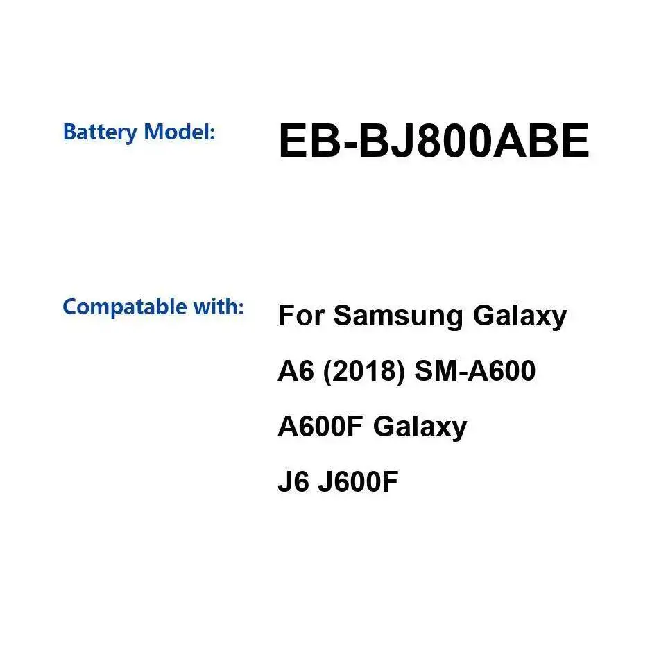 

Аккумулятор мобильного телефона EB-BJ800ABE 3000 мАч для Samsung Galaxy A6 2018 SM-A600 A600F J6 J600F