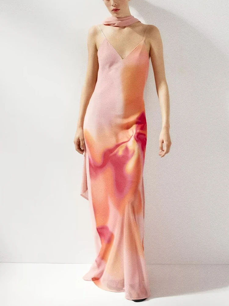 

Ele Long Printed Scarf Dr Svel High Waist Gown V-Ne Evening Dr New Summer Collection Faionable Women's Wear