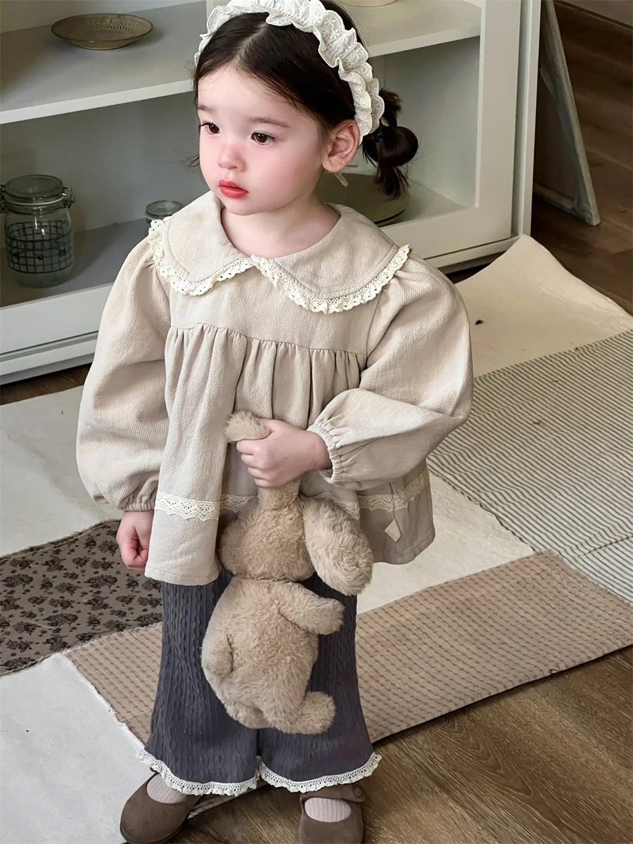 Infant Toddler Cotton Loose Tops Girls Lapel Casual Shirts 2025 Autumn New Baby Girl Long Sleeve Shirts Lace Peter Pan Collar