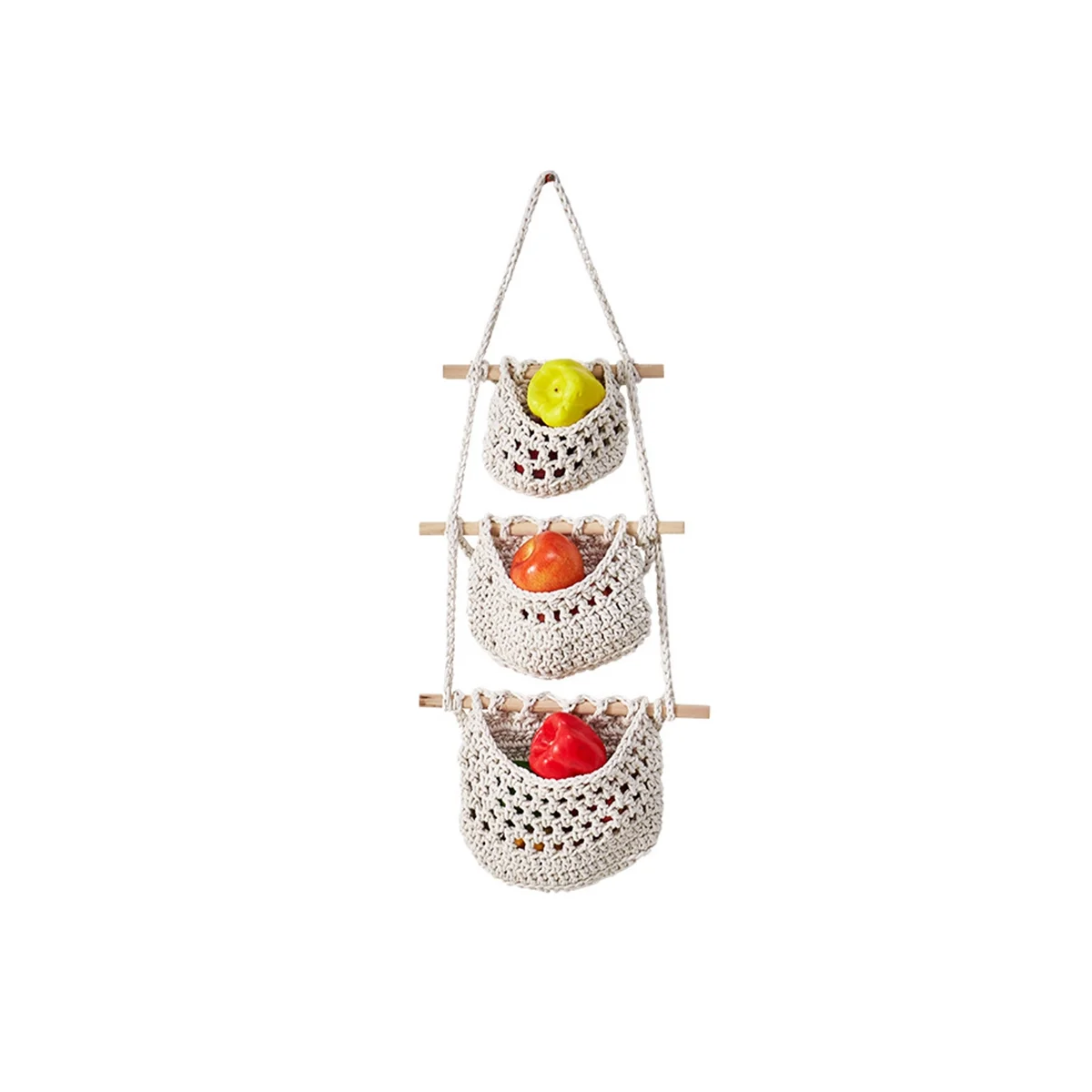 

Wall Fruit Basket Braided Hanging Baskets for Kitchen Fruit and Vegetable Basket 3 Tier Storage Hanging Woven Pocket B