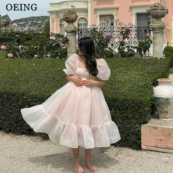 OEING Organza Party Dresses Baby Pink Puff Sleeves Tea Length Princess Prom Dress Sweet Girls Summer Birthday Formal Event Dress