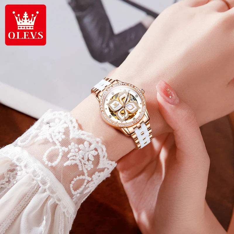 Olevs 6612 women's wrist watch luxury watches ladies waterproof ceramic steel automatic mechanical women wristwatch