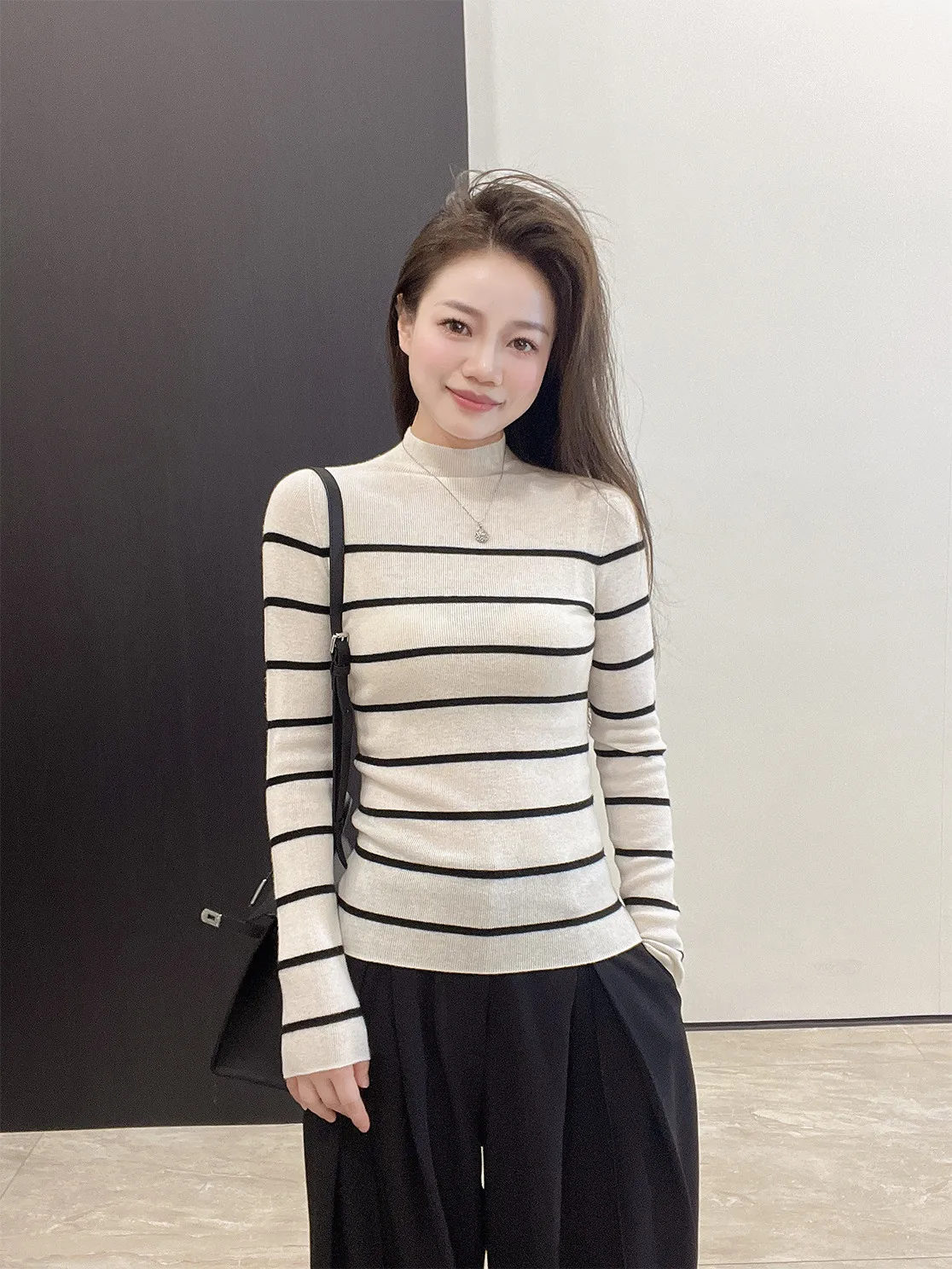 

Вязаный свитер Yangzi Yarn с высоким воротом, 100% шерсть, в полоску, базовый слой, корейский стиль, супермягкий, идеально облегающий