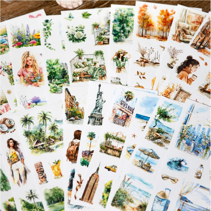 

6 Style Living Landscaping Stickers Dual Material Creative Decoration DIY Handbook Scrapbook Photo Frame Picnic Travel Stickers