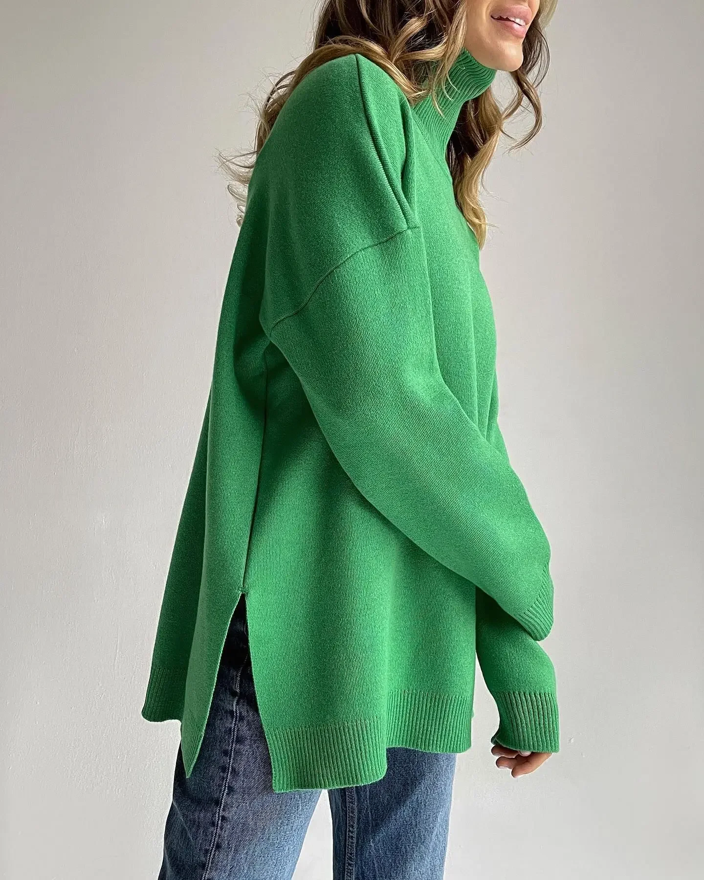 Winter Women's Turtlenecks 2022 Green Oversize Sweaters Classic Warm Knitted Pullovers Tops Side Slit Long Sweaters for Women