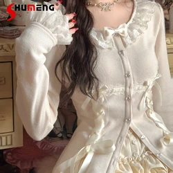 2024 Spring New Japanese Rojita Style Women's Clothes Knitted Long Sleeved Slim-Fit Bow Lace Up Knitted Cardigan Sweater Mujer