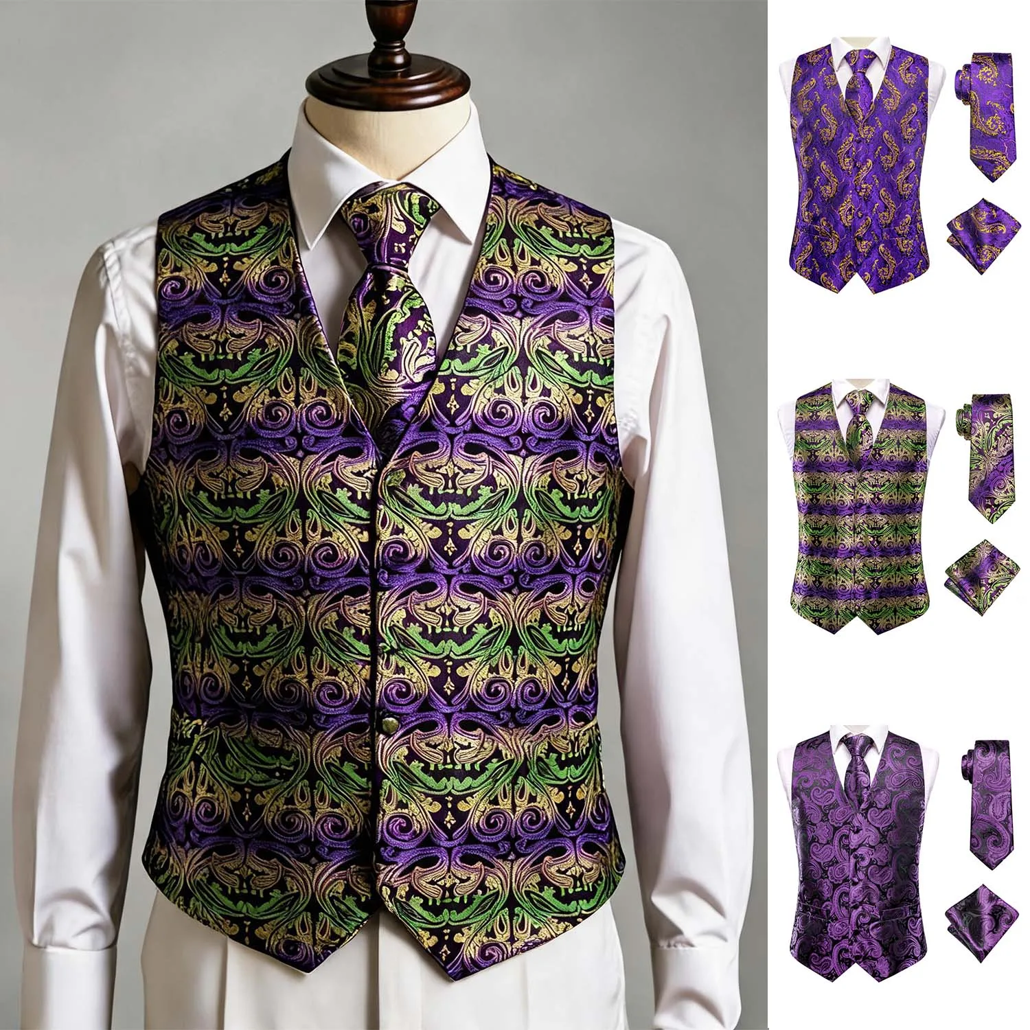 Purple Men Vest Three-Piece Suit Set, Dress Waistcoat with Tie and Pocket Square for Party Ceremony