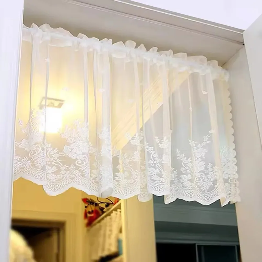 White Lace Wave Short Tulle Embroidered Half Curtains for Kitchen Door Cupboard Cafe House Sheer Short Curtain Window Drapes