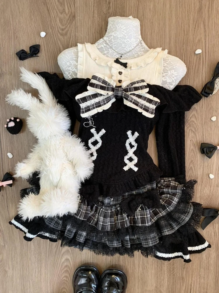 New Winter Japanese Subculture Sweet 2 Piece Set Women Cute Bow Y2k Long Sleeve Tops + Cake Skirts Harajuku Casual 2000s Outfits image 3