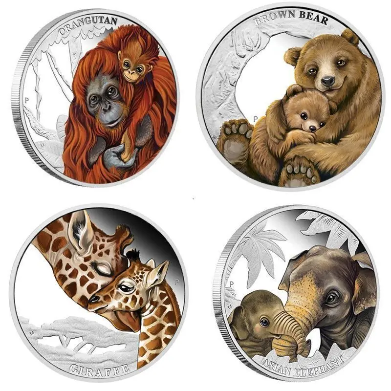 

Wild Animals Parent-child Love Collectible Coins Elephant Giraffe Silver Souvenir Coin Set Home Decor Crafts Art Collection Gift