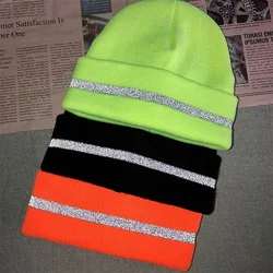 Unisex Reflective Stripe Knitted Hats Beanies Luminous Outdoor Cycling Ski Warm Caps Women Men Autumn Winter Hats Casual Bonnet