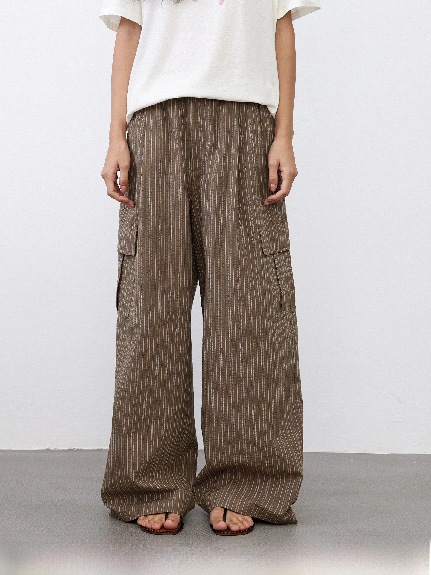 

Casual Loose Striped Cotton Elastic Waist with Pockets Women's Summer Pants Straight Leg Natural Waist Elastic Fabric