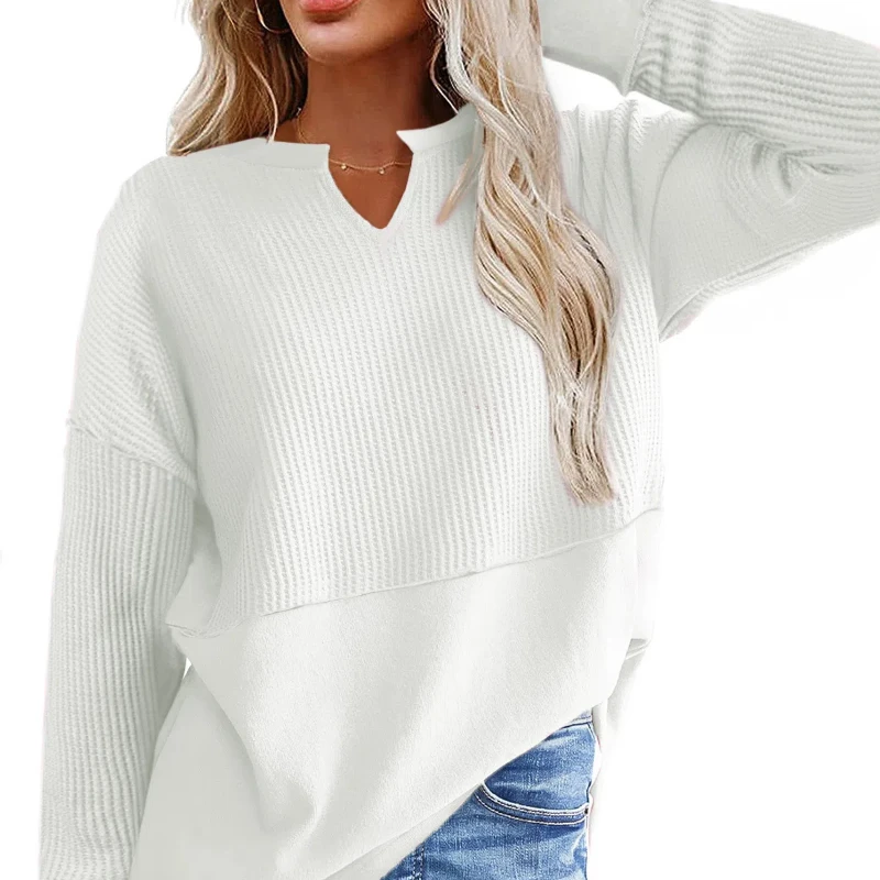 Women's Casual Shirt Solid Color Long Sleeved Patchwork Solid Color Loose Sweatshirt for Women