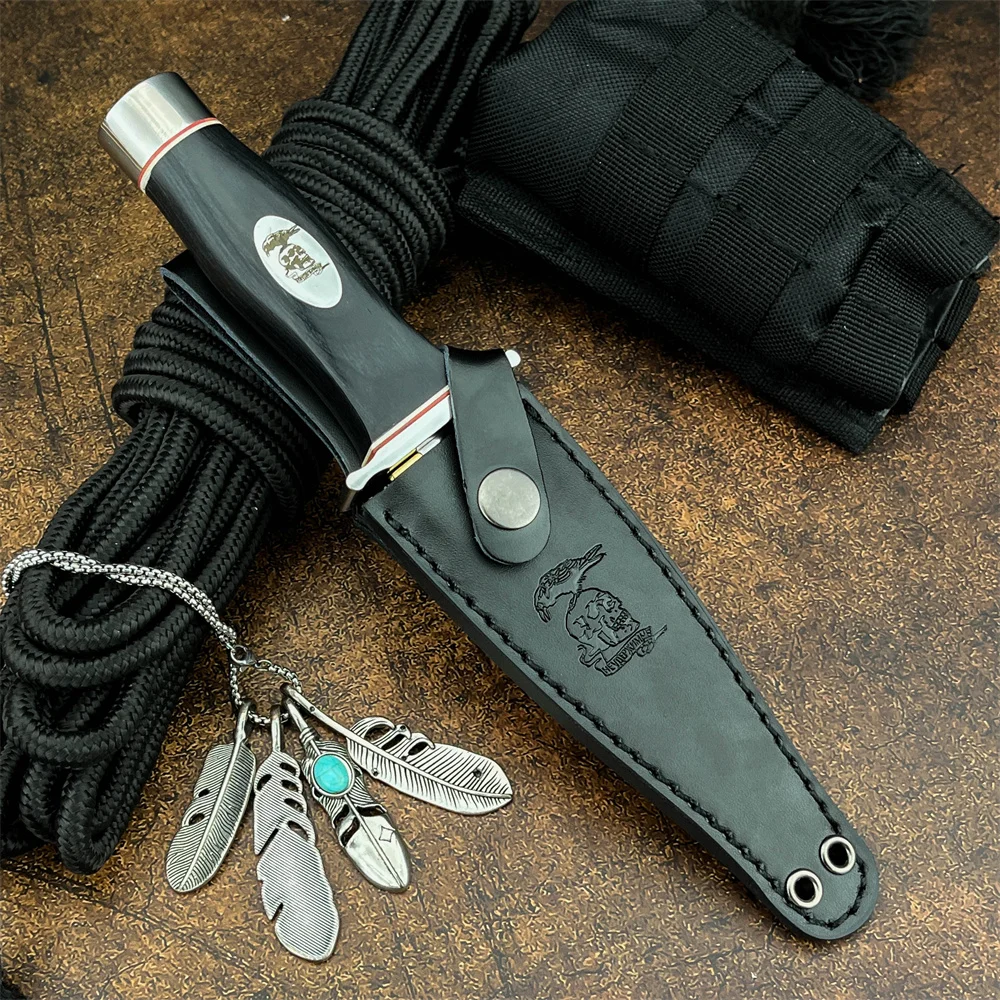 

Тактический нож с фиксированным лезвием, инструмент для самообороны, походов и приключений, ручка из черного дерева с ножнами, походный охотничий нож, мужской подарок