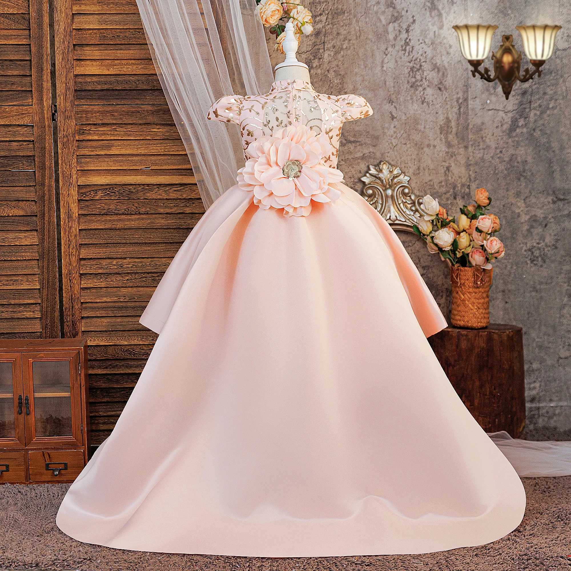 Elegant Big Flower Party Girls Dress Summer Tailed Wedding Bridesmaids Princess Dresses for Girl Birthday Pageant Prom Costumes
