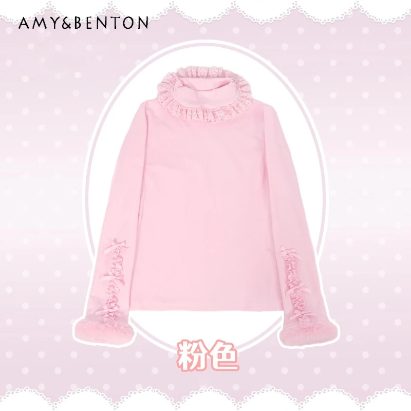 

Новая зимняя утолщенная флисовая женская нижняя рубашка в стиле Лолиты, французский дизайн, универсальный теплый топ с длинными рукавами и высоким воротником, женский топ