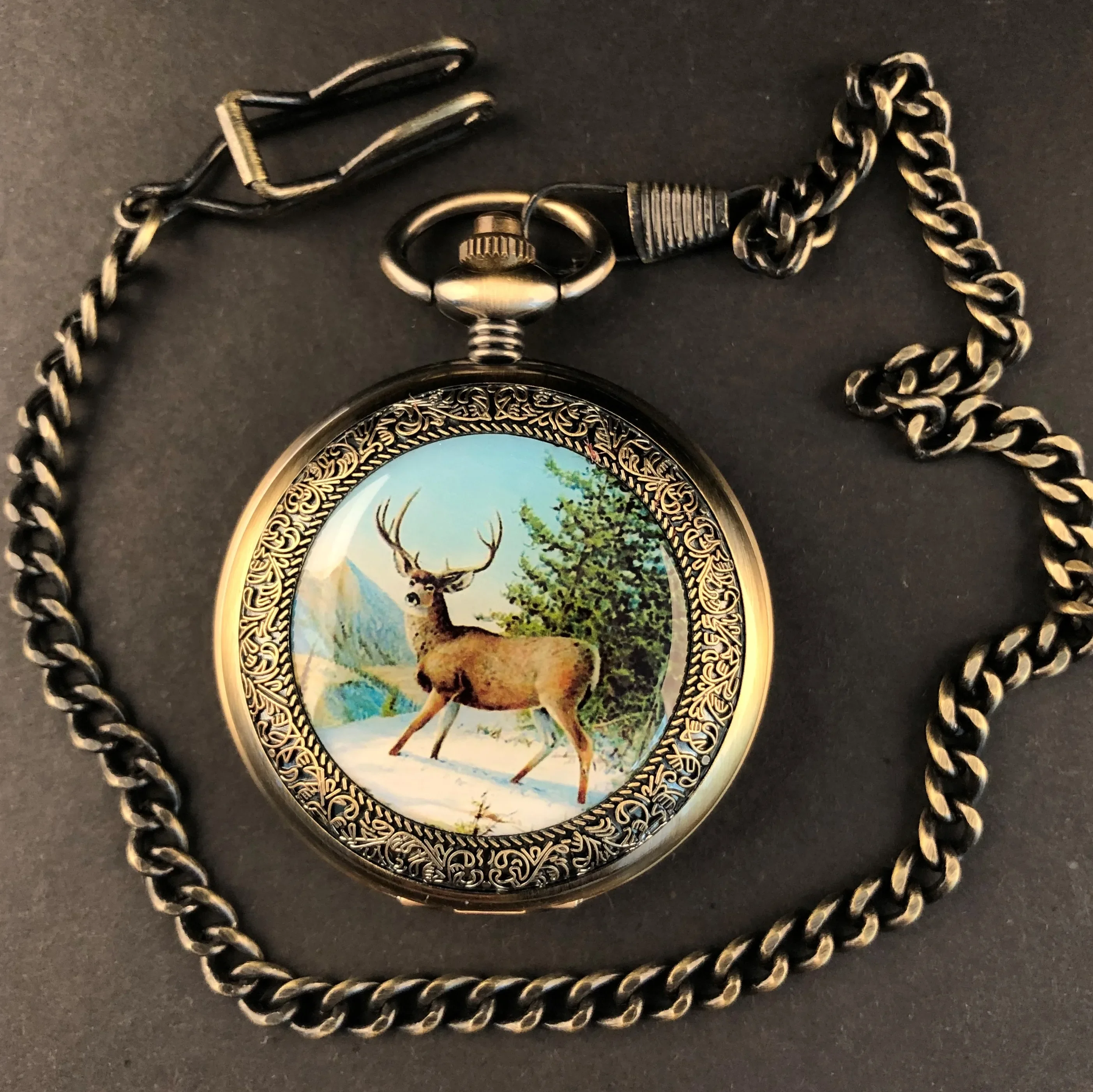 Brand Mechanical Skeleton Clock Retro Walking Elk Deer Hand Winding Pocket Watch Fob Chain Male Female Gift