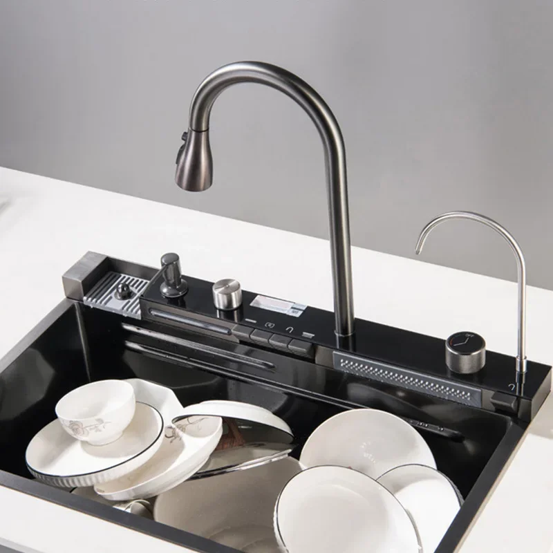 Smart Kitchen Multifunction Digital Display Waterfall Faucet Single Bowl  Luxury Smart Stainless Steel 304 Kitchen Sink
