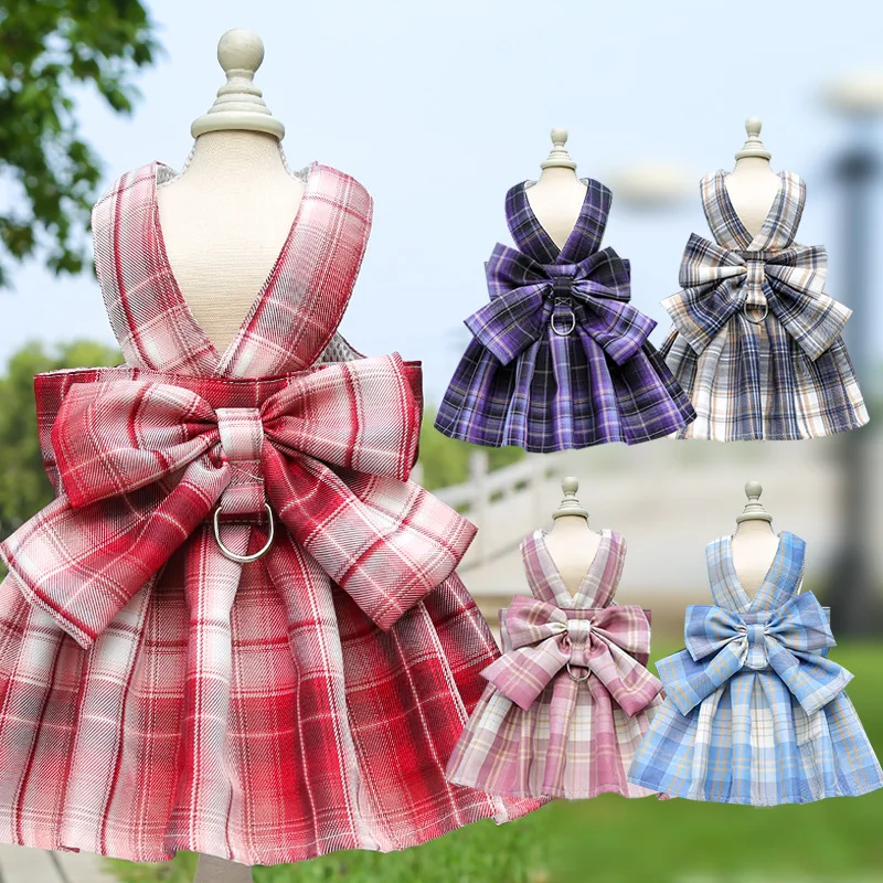 JK Dog Dress Harnesses with Leash Set Plaid Puppy Girl Skirt Doggy Dresses with Leash Ring Doggie Clothes for Small Medium Dogs