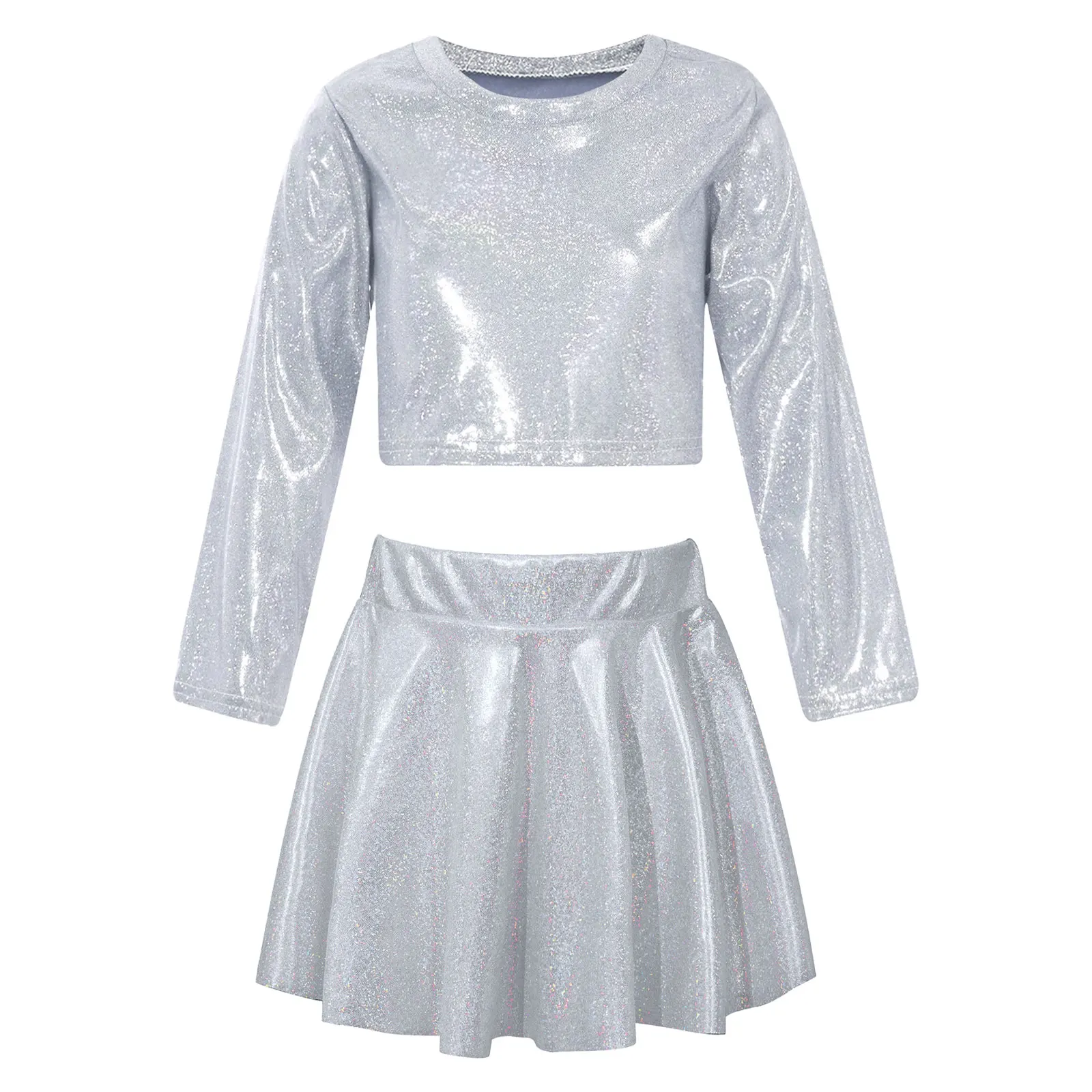 

Kids Girls Jazz Dance Costume Streetwear Sparkling Long Sleeve Crop Top T-shirt+Pleated Skirt Set for Party Dance Performance