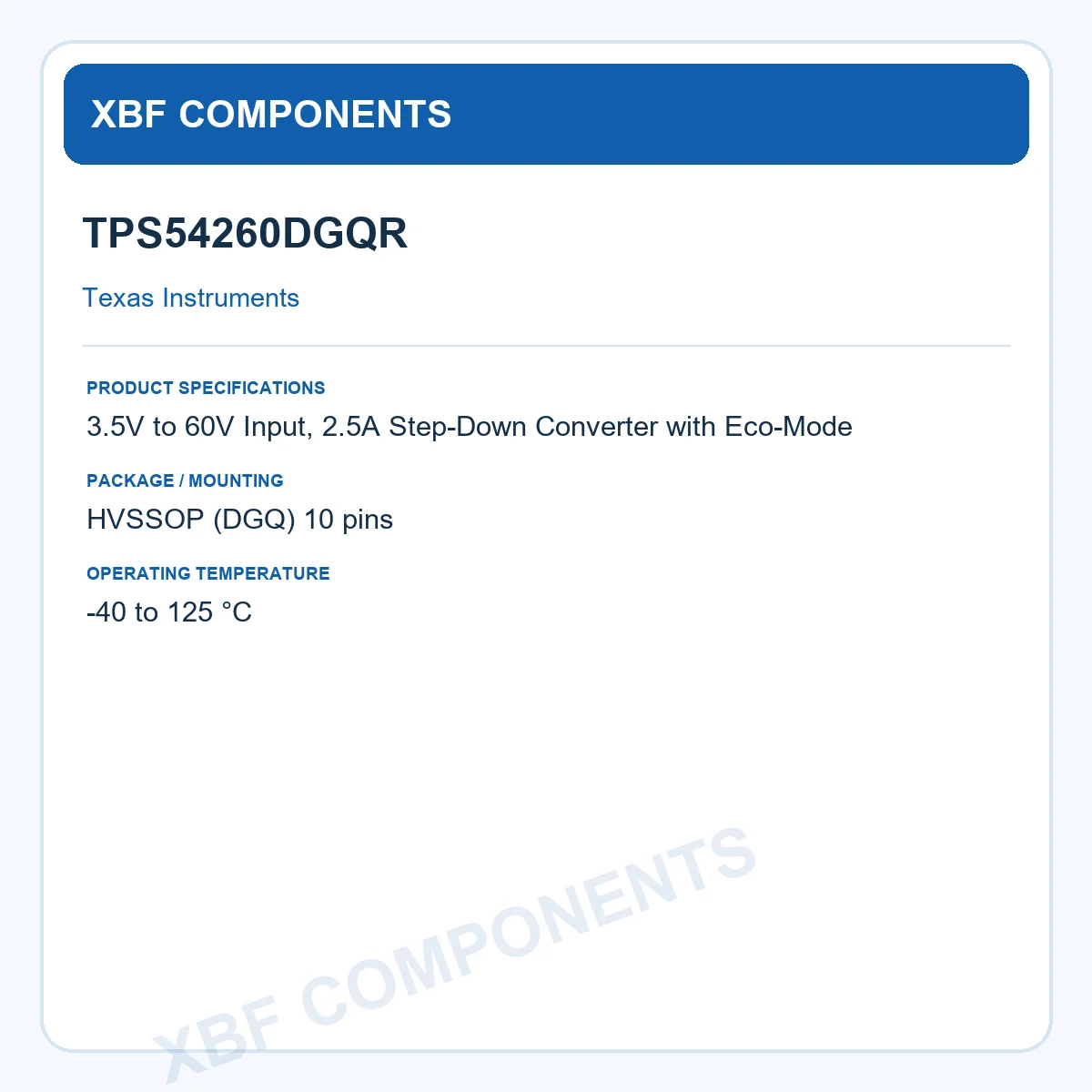 TPS54260DGQR Texas Instruments Buck Converter 3.5V 60V 2.5A HVSSOP (DGQ) 10 pins