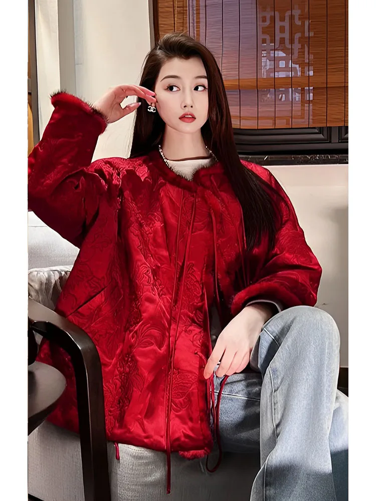 

New Advanced Zen Style Tang Suit Print Jacket National Vintage Red New Chinese Atmosphere Cotton Women Winter Coat
