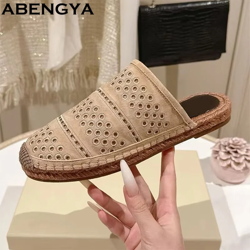 Summer Suede Leather Flat Slippers Women Loafers Casual Derby Shoes Slides Comfort Holiday Beach Slippers Women's 2026