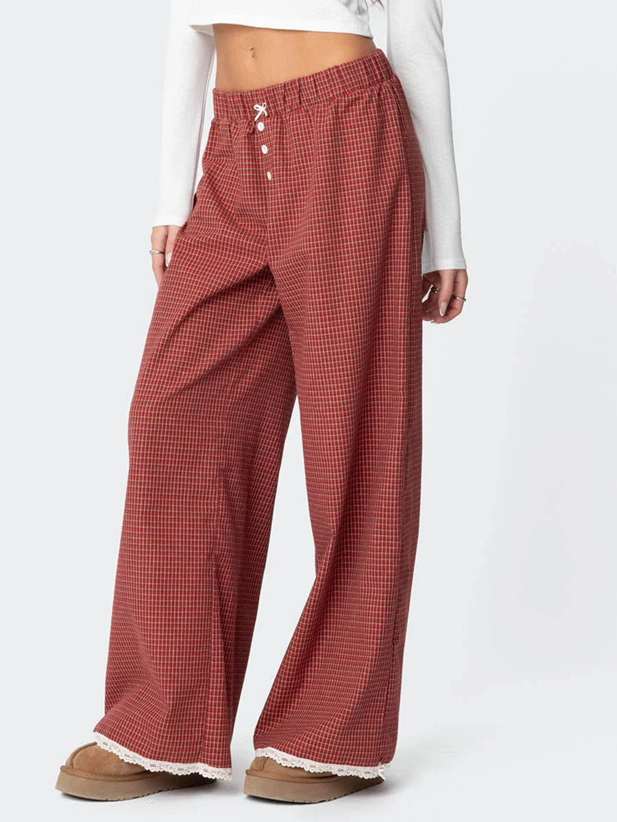 Women Wide Leg Pants Vintage Elastic Waist Lace Trim Loose Plaid Pants Trousers Streetwear